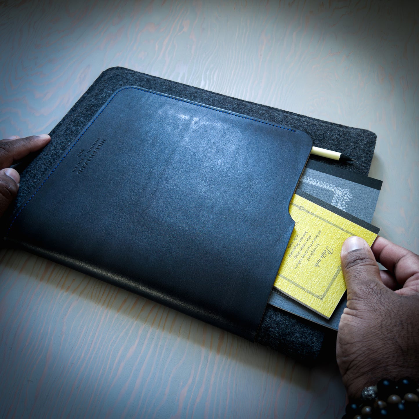 iPad Pro Sleeve in Black Leather and Wool Felt Handmade in Canada