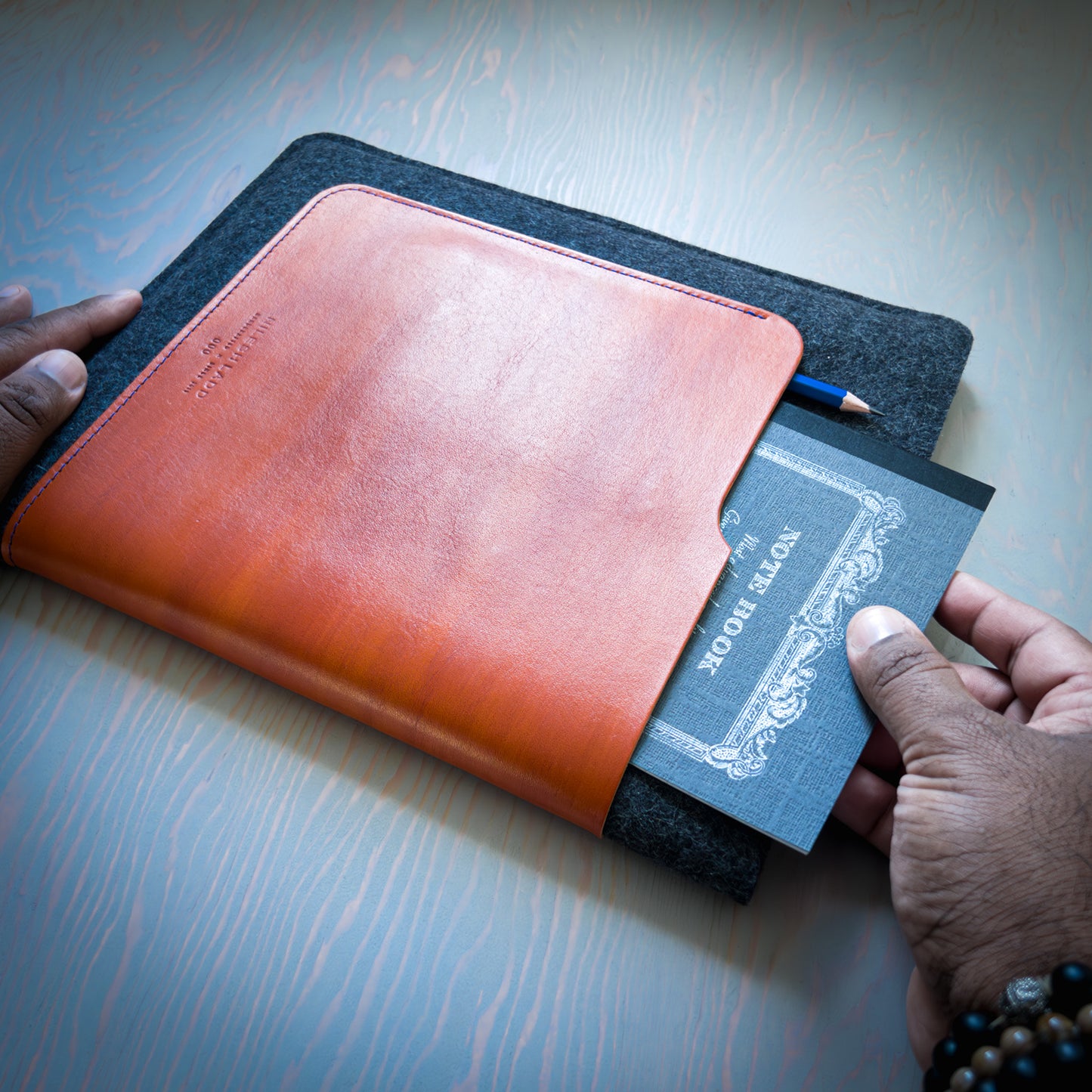 iPad Pro Sleeve in Cognac Leather and Wool Felt Handmade in Canada