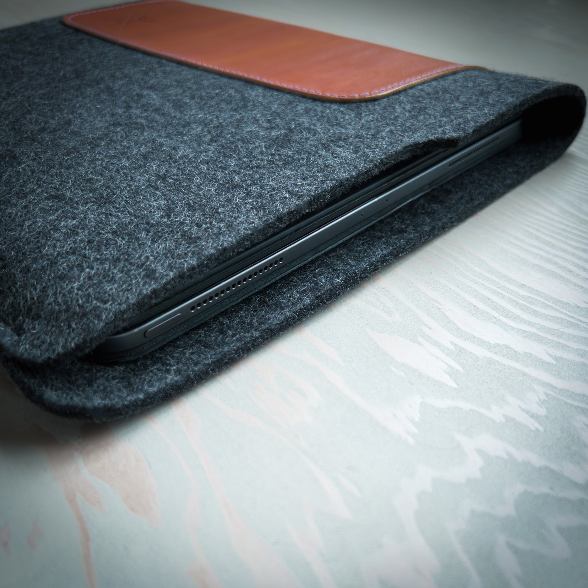 iPad Pro Sleeve in Cognac Leather and Wool Felt Handmade in Canada