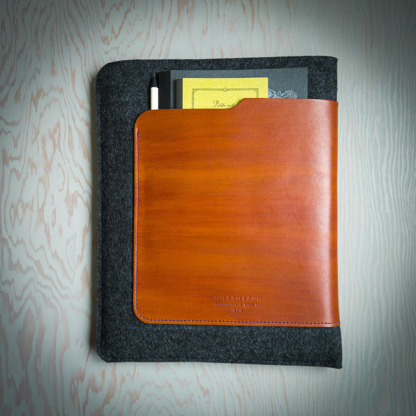 iPad Sleeve in Brown Leather and Wool Felt Handmade in Canada