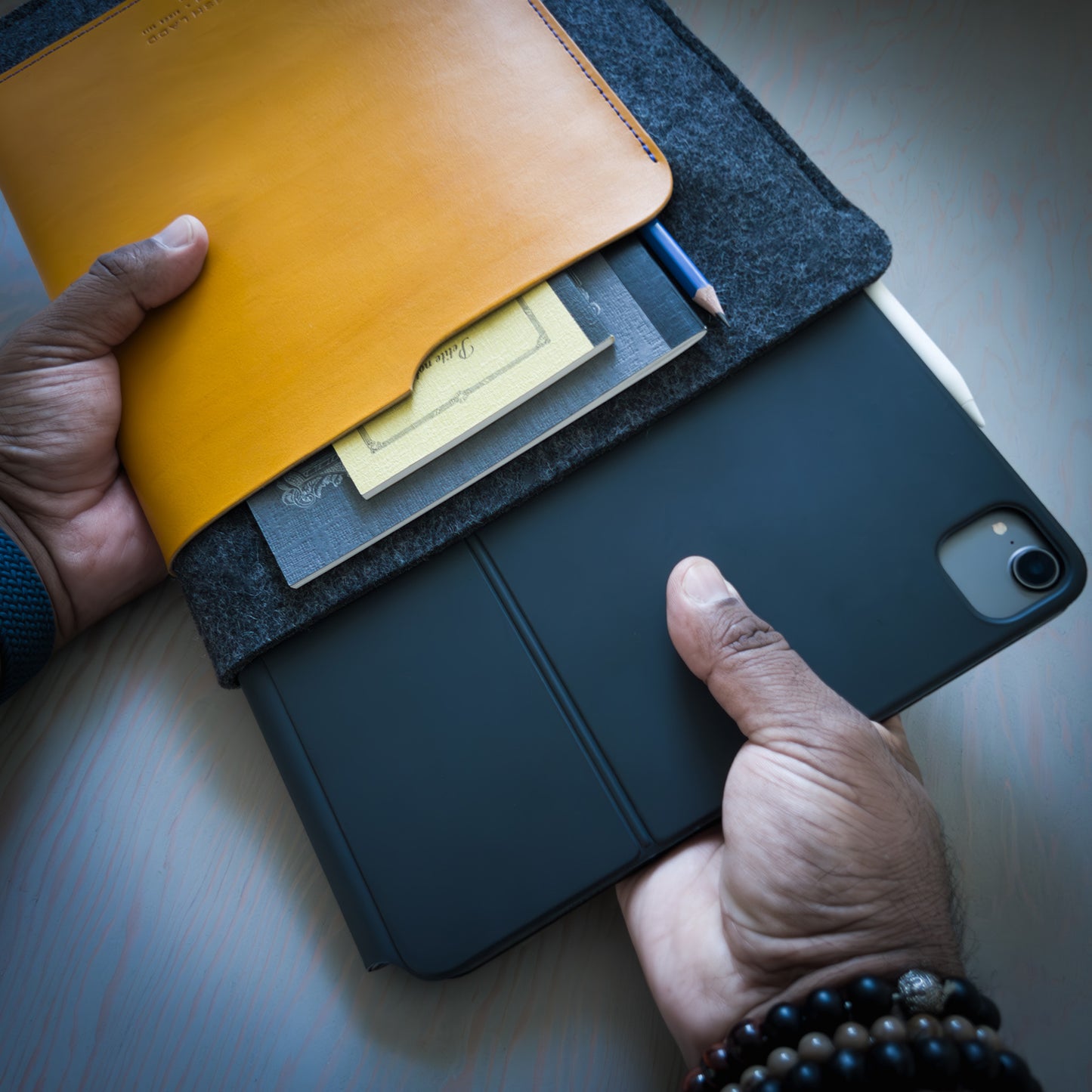 iPad Sleeve in Yellow Leather and Wool Felt Handmade in Canada