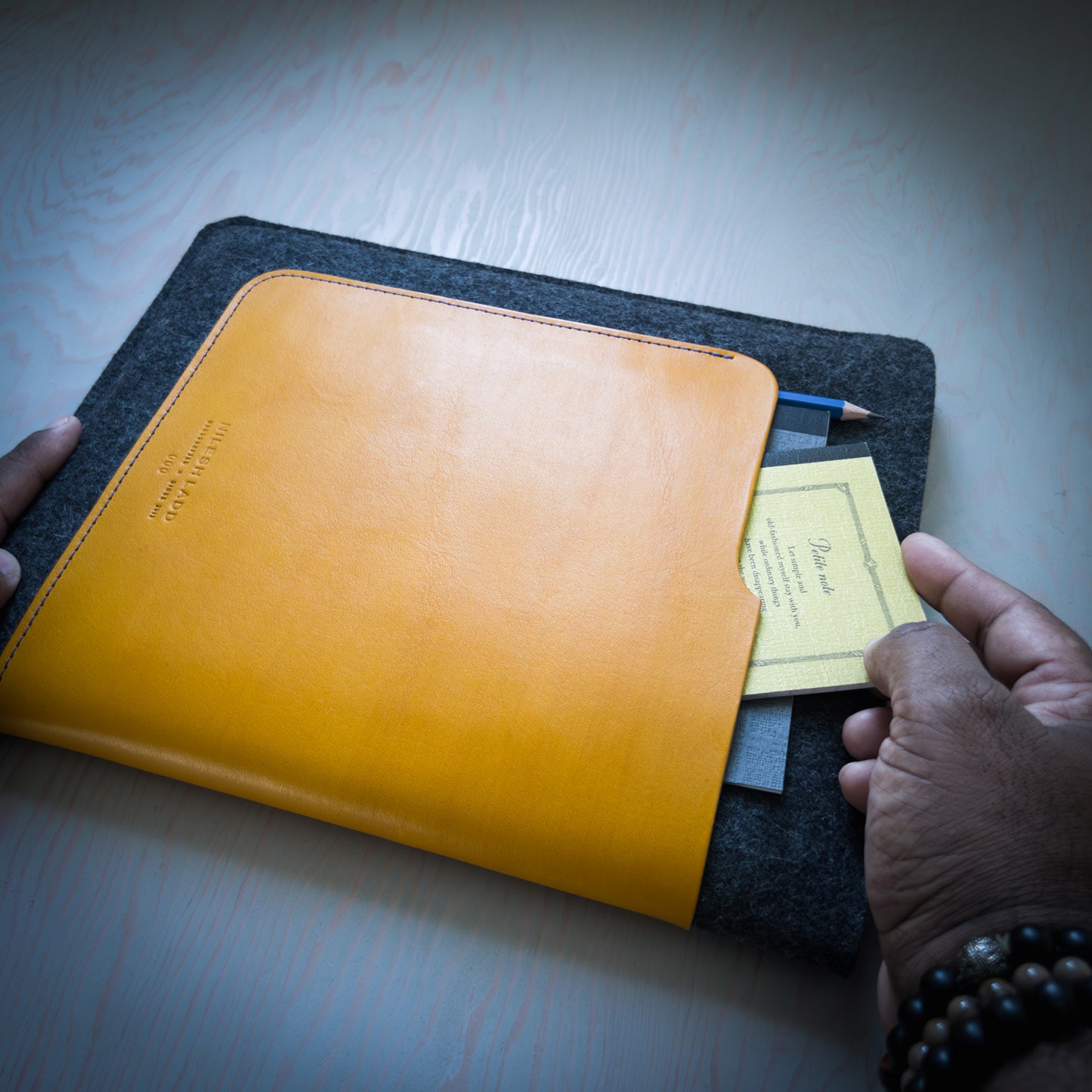 iPad Sleeve in Yellow Leather and Wool Felt Handmade in Canada