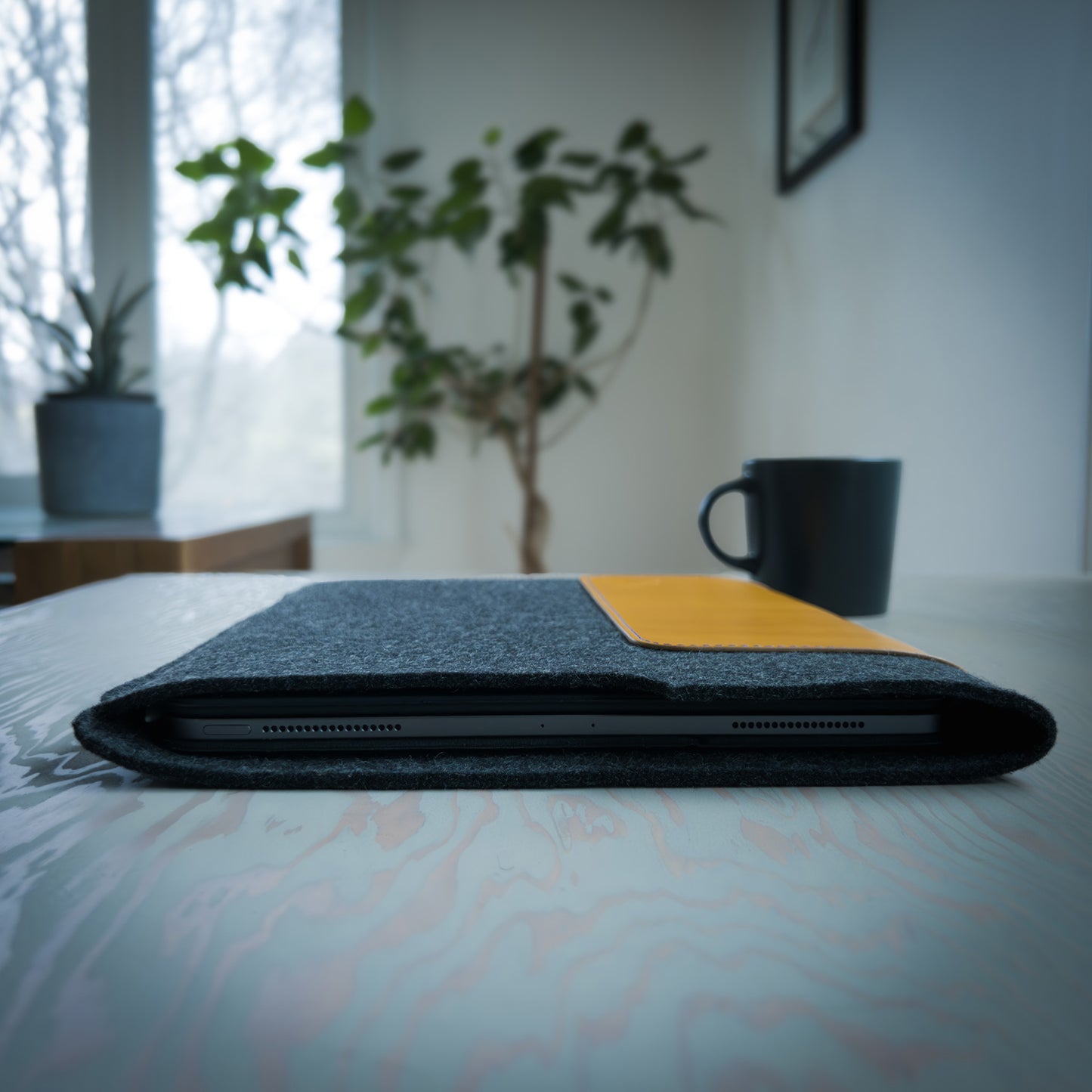 iPad Sleeve in Yellow Leather and Wool Felt Handmade in Canada