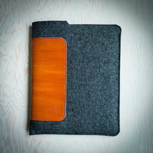 iPad Pro Sleeve in Cognac Leather and Wool Felt Handmade in Canada