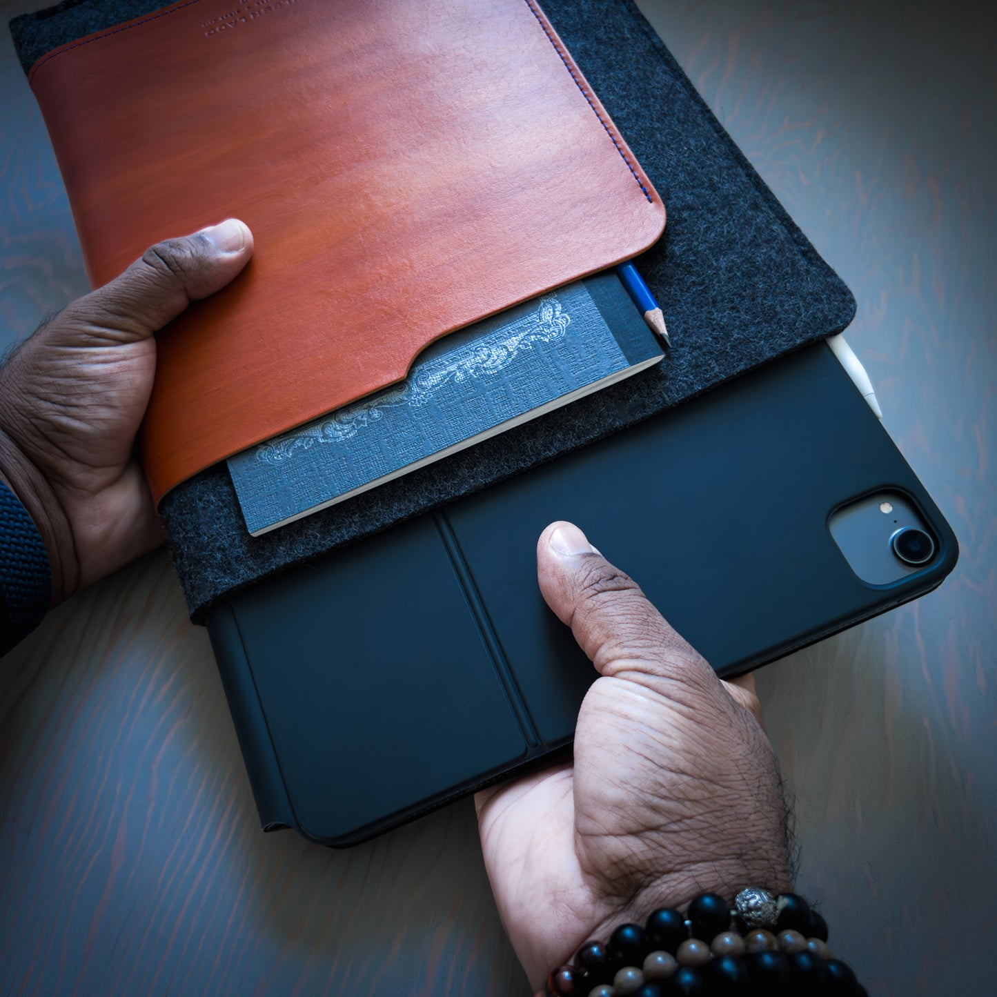 iPad Sleeve in Brown Leather and Wool Felt Handmade in Canada